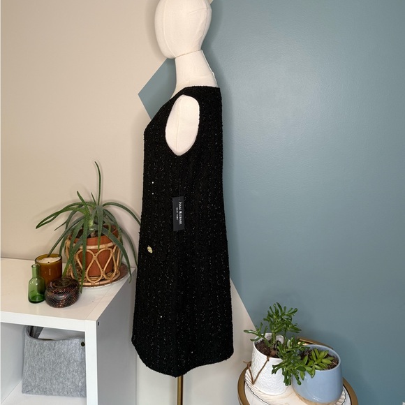 Isaac Mizrahi New York Black Sequin Tweed Sheath Dress Gold Buttons Size M - Picture 3 of 14